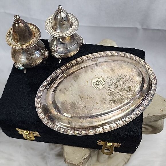 Vintage Silverplate Salt & Pepper with Tray and Crushed Velvet Case - Picture 5 of 10